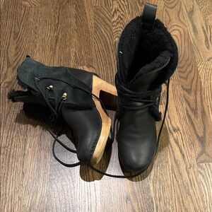 Black fur lined Leather clogs